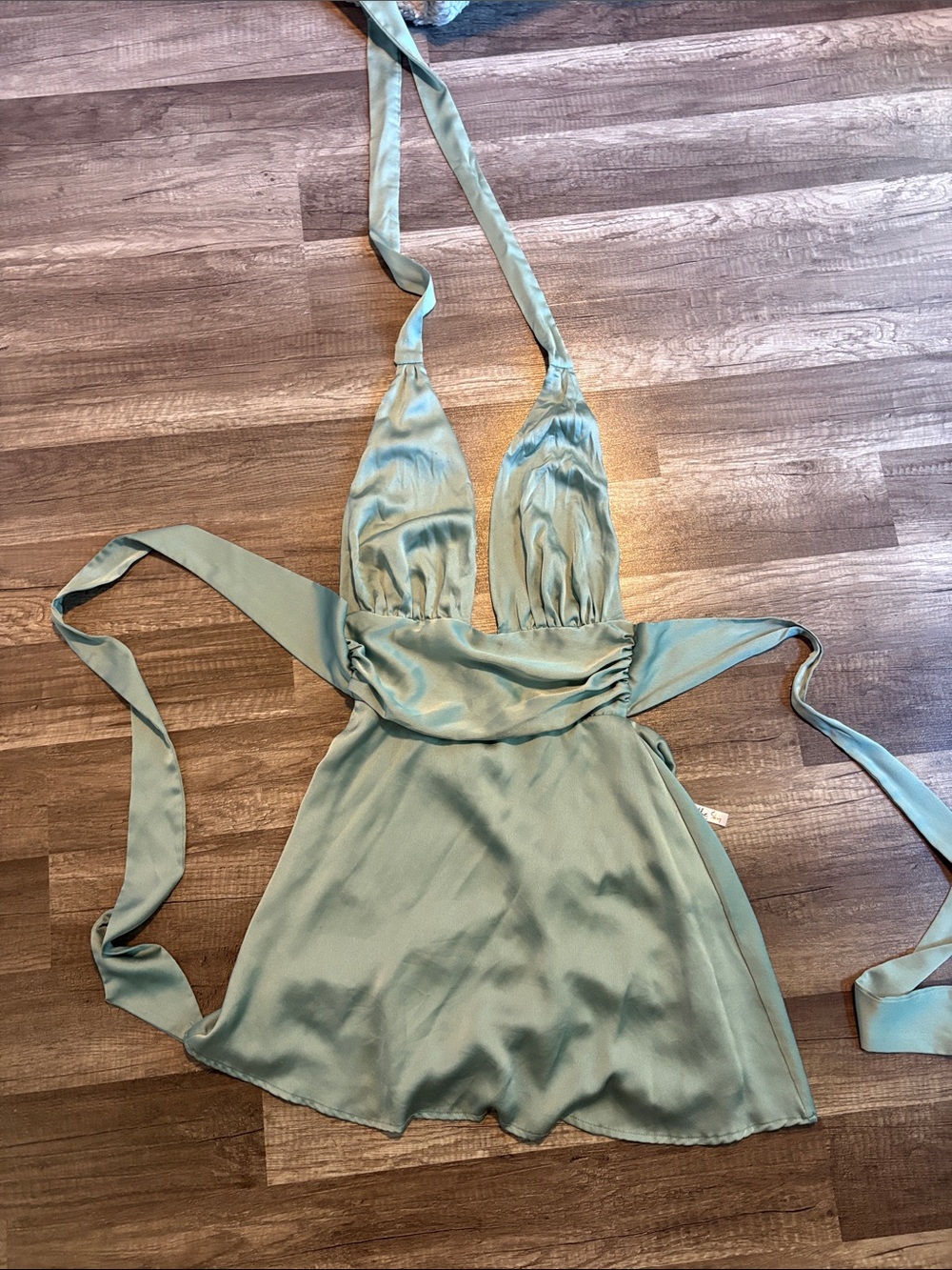 Lucy in the Sky Sage Green Satin Halter Mini Dress